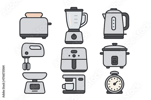Set of nine modern kitchen appliances including toaster blender kettle mixer and air fryer