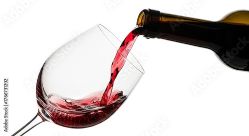 Red wine pours from a bottle into a glass, creating a splash of the alcoholic beverage