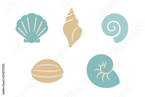 Collection of five stylized seashells in soft blue and beige colors isolated on white background