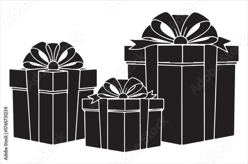 Three black and white gift boxes with decorative bows illustration