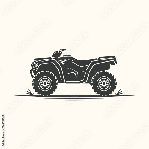 Vector art of a black and white illustration of a quad bike or allterrain vehicle atv parked on a grassy surface, presented in a minimalist style