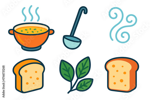 Kitchen and meal preparation symbols showing steaming soup bowl, ladle, sliced bread, and green herbs
