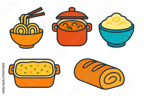 Colorful food icons set featuring prepared dishes: noodles, stew, mashed potatoes, casserole, and bread