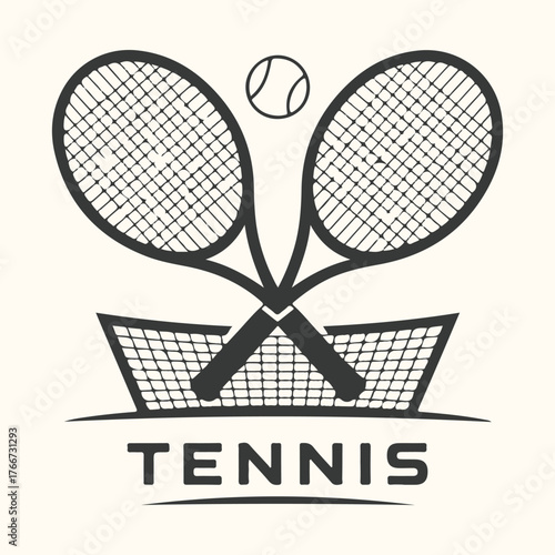 Vector art of vintage tennis emblem featuring crossed rackets and a net, with the word tennis below, representing the sport and its equipment in a classic style