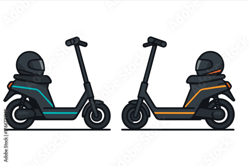 Pair of contemporary dark electric scooters featuring safety helmets and colored accent lines
