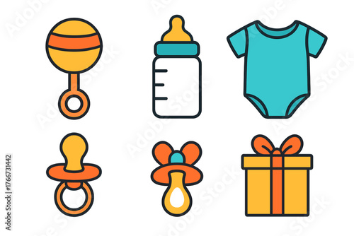 Colorful collection of baby essentials including rattle, feeding bottle, onesie, pacifiers, and gift box