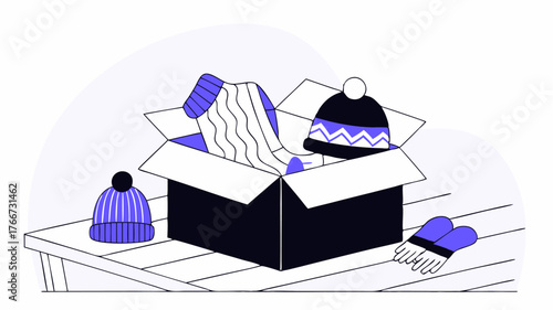 Donation Box An open cardboard box overflowing with knitted hats gloves and sweaters positioned on a wooden table with a warm inviting atmosphere.