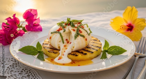 Delicious, fresh grilled salmon steak with healthy vegetables on a plate for a gourmet dinner