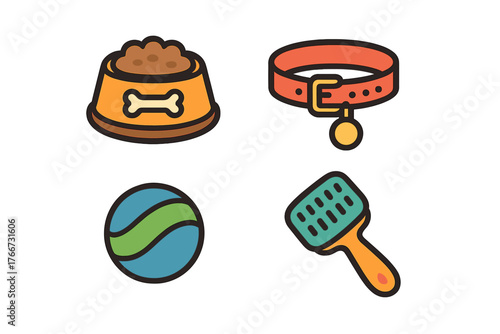 Set of essential pet care accessories including food bowl collar toy and grooming brush