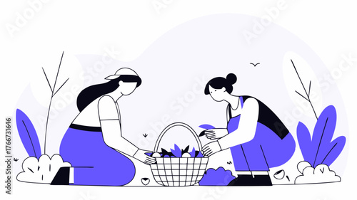 Neighbors enjoying a sunny afternoon harvesting herbs and vegetables together with a wicker basket filled with fresh produce resting nearby.