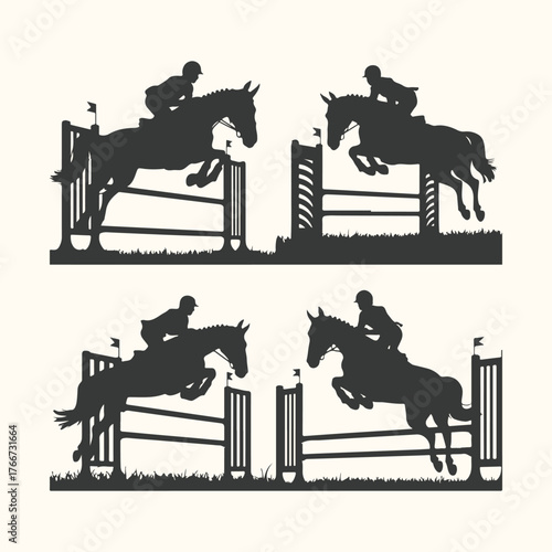 Vector art of four silhouette equestrian horse and rider jumping over obstacle in show jumping competition