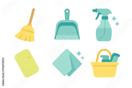 Essential household cleaning supplies and equipment for domestic hygiene tasks