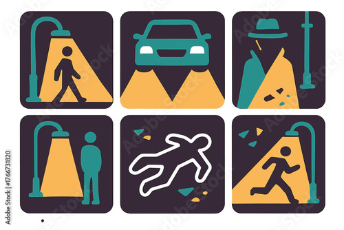 Stylized pictograms showing crime scene investigation elements and figures under streetlights