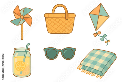 Set of summer picnic essentials featuring a basket, checkered blanket, kite, lemonade, and sunglasses