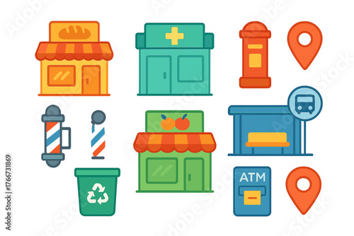 Flat design icons representing urban services public places and commercial buildings