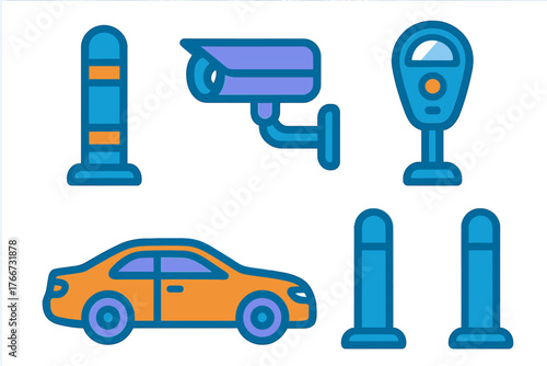 Urban street security and parking elements set including car camera meter and bollards