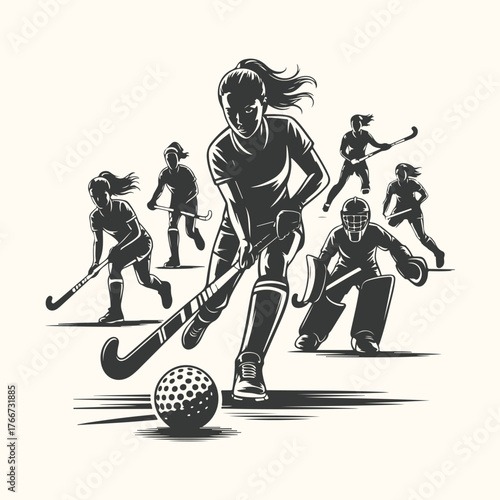 Vector art of field hockey game illustration with female players in action, dynamic composition, and a goalie defending the net, capturing the intensity of the sport