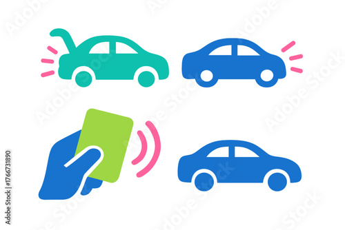 Digital icons illustrating keyless car access, remote trunk opening, and proximity warning systems