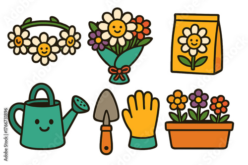 Cute cartoon gardening collection with smiling flowers, watering can, trowel, and protective glove