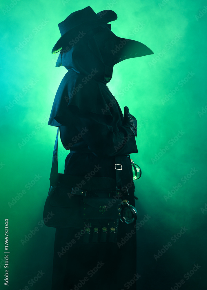Fototapeta premium Plague Doctor Halloween Costume Portrait with Glowing Green Misty Fog, Gothic Character in Black Cloak bird Mask, Dark Fantasy Horror Scene with silhouette figure Spooky Atmospheric Lighting.