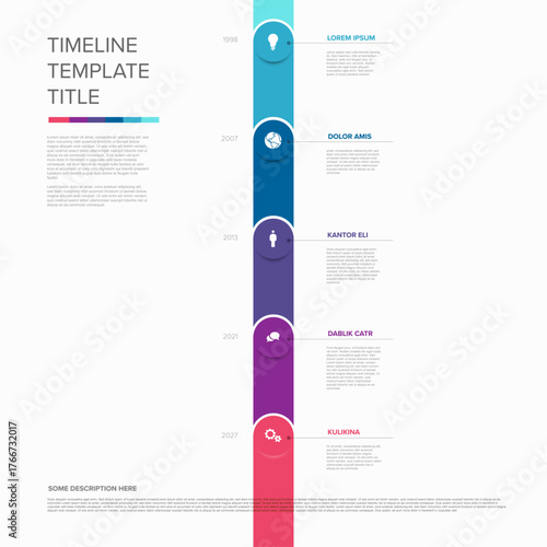 A clean vertical timeline infographic design template with color gradients and text description boxes. This timeline template is perfect for showcasing project history or business milestones.