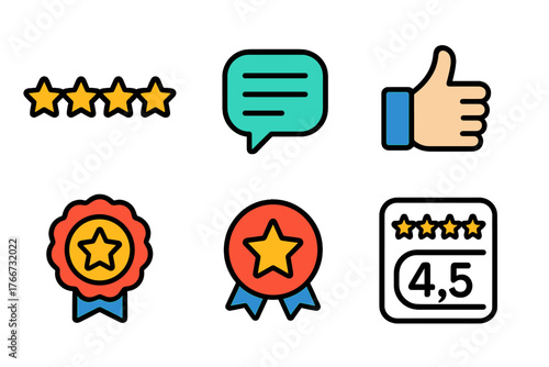 Customer satisfaction symbols for rating, review, approval, stars, and quality badges