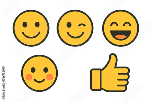 Set of popular yellow face emoticons showing positive emotions like happiness, laughter, and a thumbs up gesture