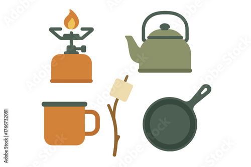 Essential outdoor camping cooking equipment set including stove kettle and pan