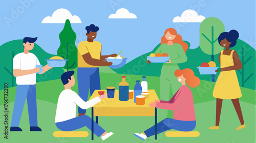 A diverse group of volunteers practicing safe food handling while setting up a shared picnic area for visitors.