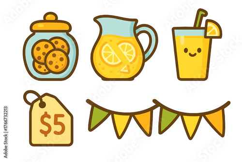 Jar of cookies, pitcher of lemonade, smiling drink glass, price tag, and festive bunting