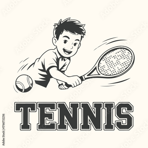 Vector art of young boy playing tennis with a racket and ball, cartoon style