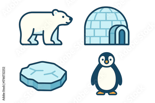 Polar bear, penguin, igloo, and ice floe representing cold climate and winter elements