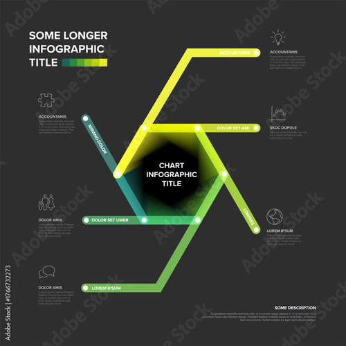 Hexagon infographic chart design template with a dark background. This chart infographic features a central hexagonal shape and six connected nodes, ideal for presenting data or information visually.