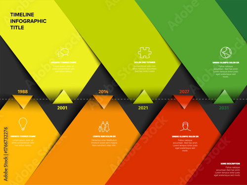 A modern and colorful timeline infographic chart displaying events and milestones over time. This horizontal timeline infographic uses a vibrant color scheme to represent progress and data visually.