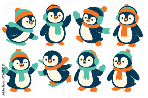 Adorable cartoon penguins wearing colorful winter hats scarves and earmuffs in playful poses