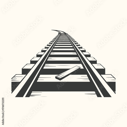 Vector art of perspective view of a railroad track curving into the distance, isolated on a light background