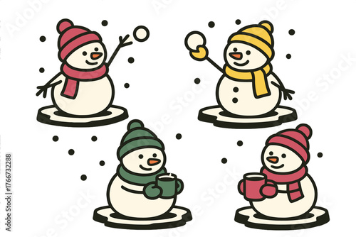 Cute cartoon snowmen characters playing in the snow and drinking hot chocolate