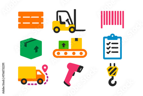 Colorful set of icons representing warehouse operations, shipping, delivery, and supply chain management