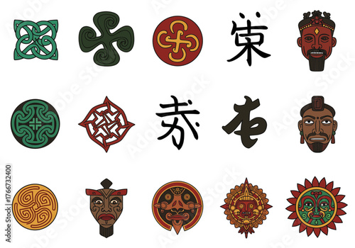 Collection of Cultural Symbols and Masks from Various Traditions.