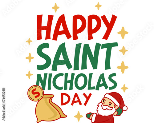 Festive Happy Saint Nicholas Day Illustration with Santa Claus and Money Bag for Celebration