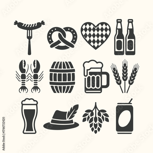 Vector art of collection of oktoberfest and beerrelated icons including a sausage, pretzel, beer mug, wheat, hops, hat, and beer bottles on a light background