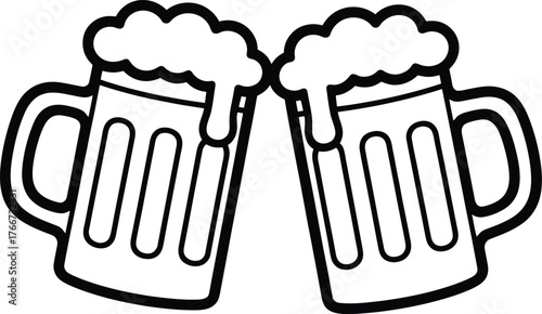 Two toasted beer mugs celebrating with frothy heads simple line art design