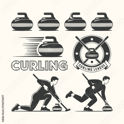 Vector art of vintage illustration of curling sport elements including stones, players, and league emblem