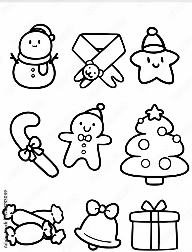 Fototapeta premium Christmas Holiday Icon Set Festive Elements and Decorations in Black and White Outline