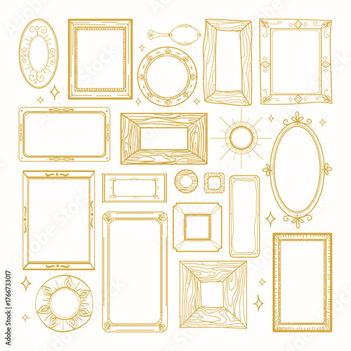 Hand drawn Vintage Picture Frames Vector Set. Collection of vintage frames in gold line art style, various shapes with ornate and wood textures.Retro Picture Outline Illustrations