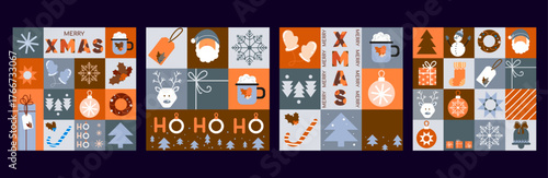 Merry Christmas and Happy New Year set of templates, greeting cards, posters, and holiday covers in abstract mosaic style. Modern Xmas design in vintage style for banner,social media,marketing. Vector