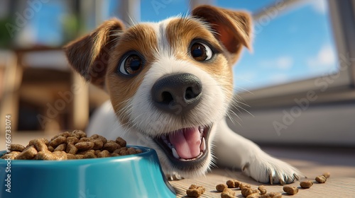 Happy dog smiling next to food bowl