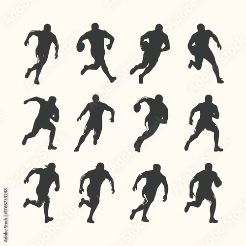 Vector art of collection of twelve black silhouettes of american football players in various running and tackling poses, set against a plain, lightcolored background
