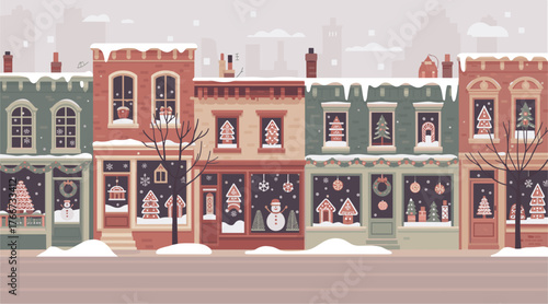 Flat vector winter city street with snow-covered rooftops, festive window displays, bare trees, and muted holiday colors, ideal for seasonal cards and Christmas designs