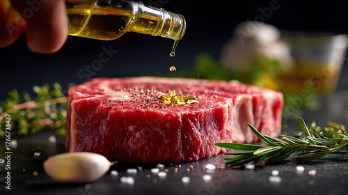 Raw steak with oil drizzled and herbs closeup